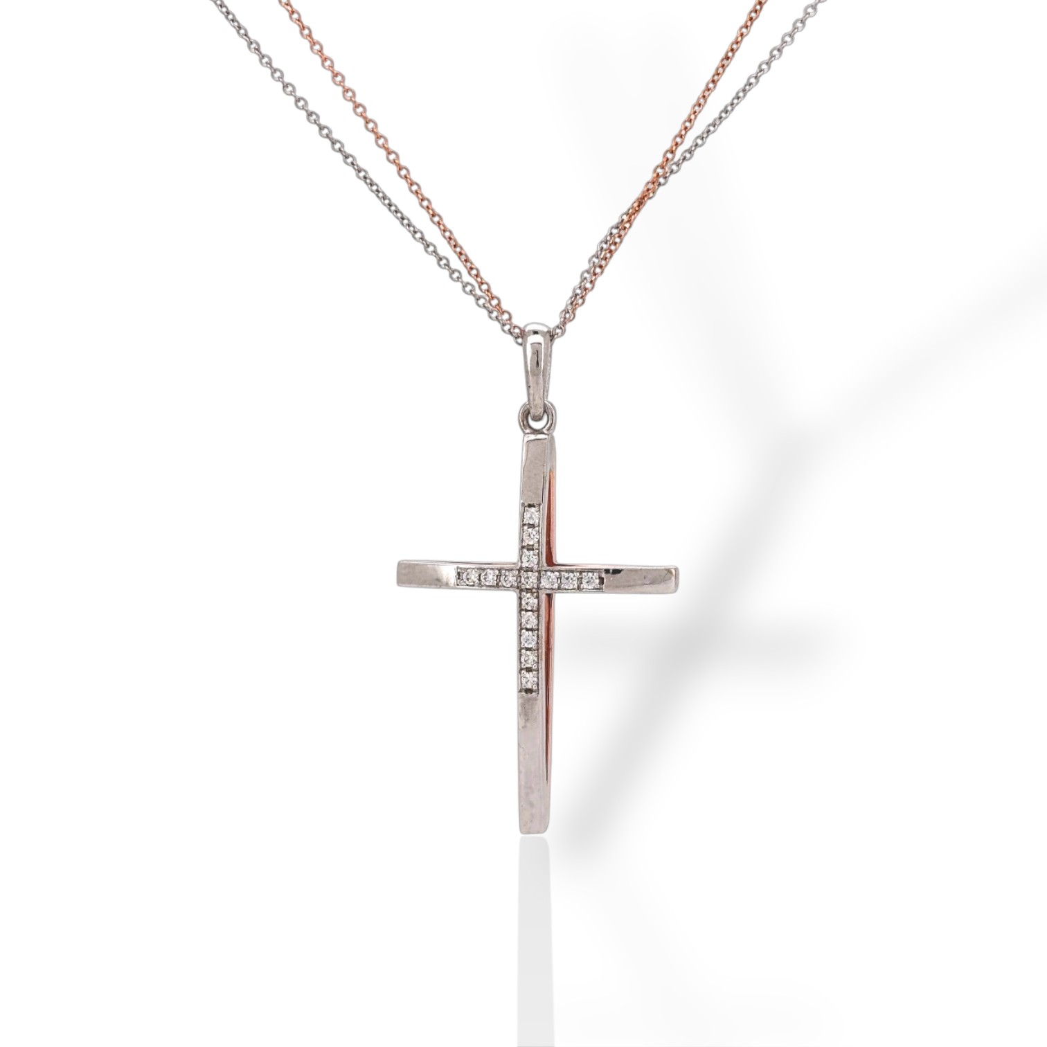 Croce (con catena) in oro bianco e oro rosa k14 (code P1728)